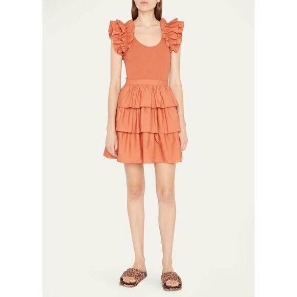 ULLA JOHNSON Hanna Tiered Ruffle Mini Dress Size 10 Women’s in Burnt Orange - Picture 10 of 12